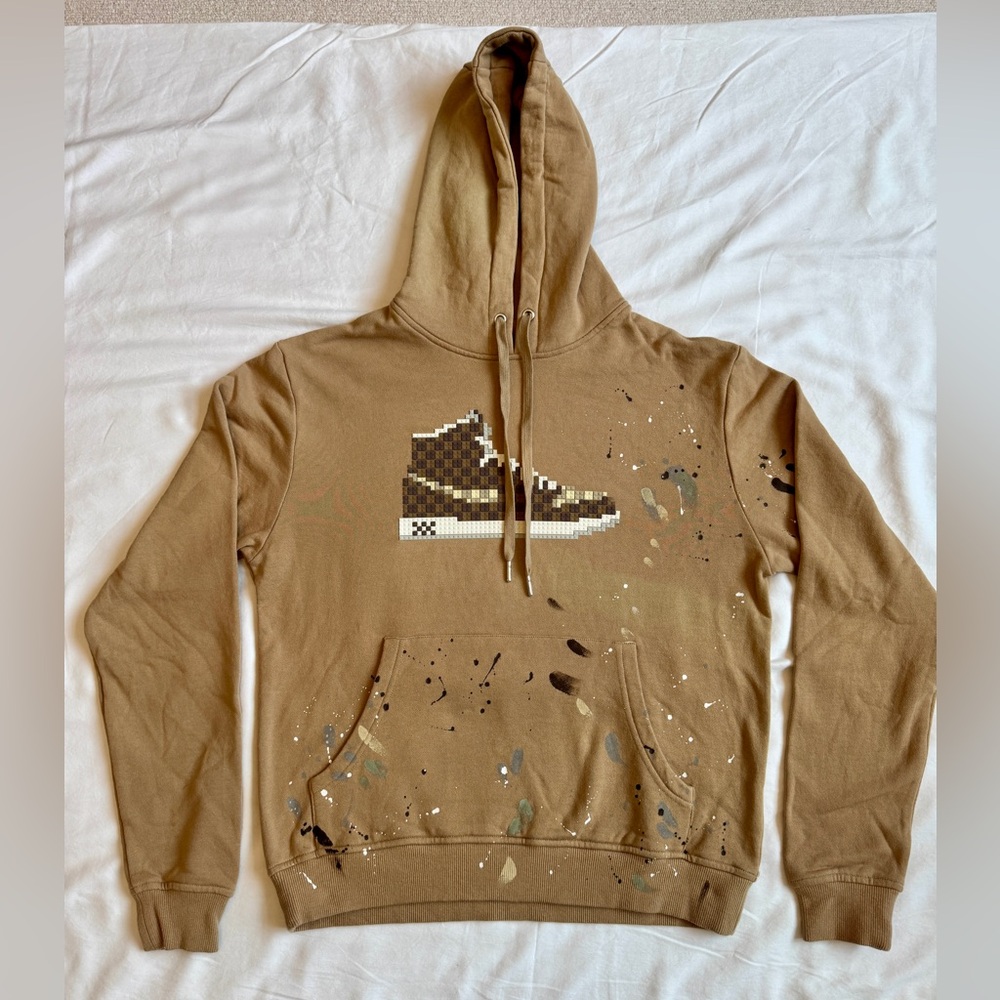 Streetwear Men’s Brown Hoodie w/LV Pattern Pixel Sneaker Graphic.